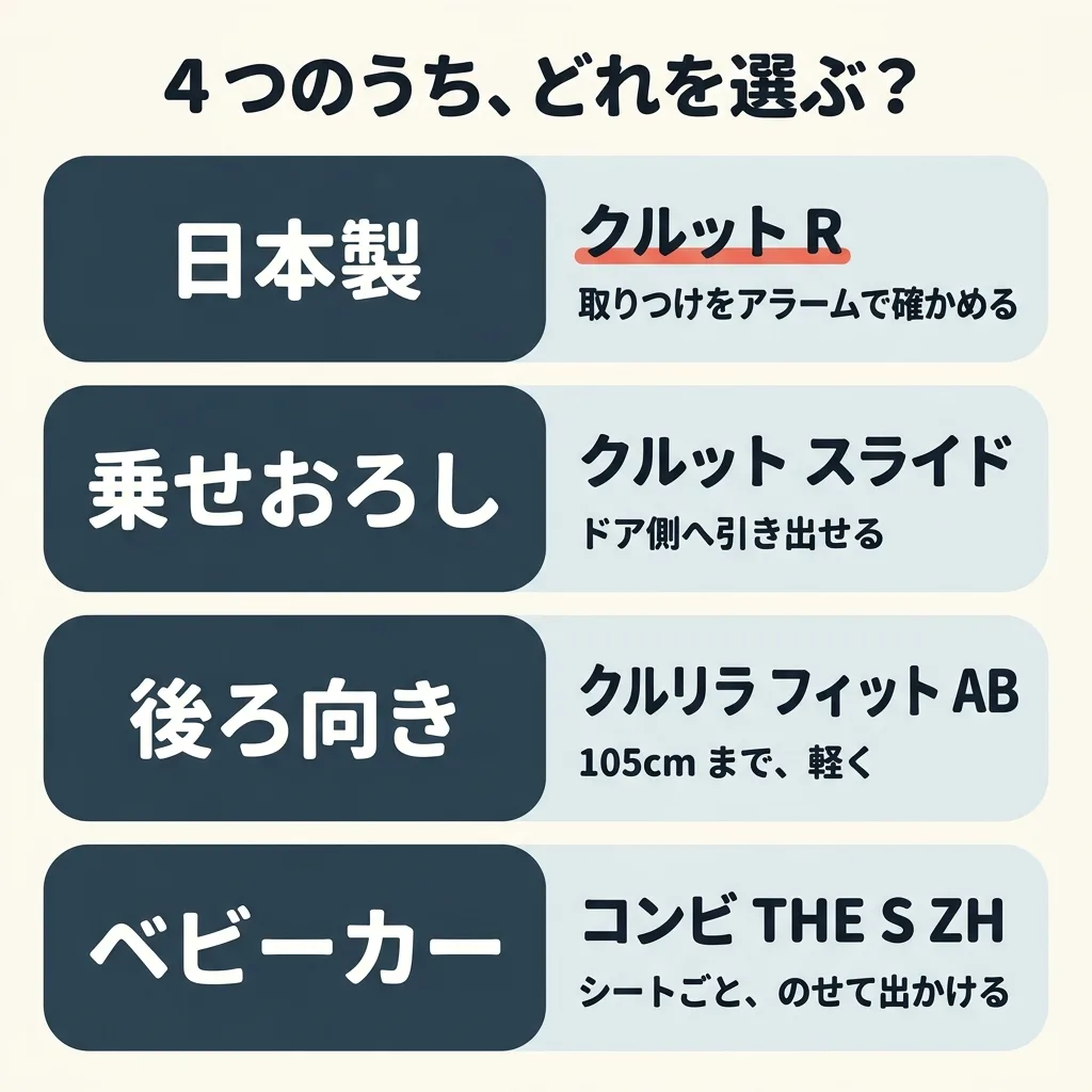 4つのうち、どれを選ぶか。日本製で、取りつけをアラームで確かめたいなら、クルットR。乗せおろしをもっとラクにしたいなら、ドア側へ引き出せるクルット スライド。後ろ向きを 105cm まで、軽くしたいなら、クルリラ フィット AB。シートごとベビーカーにのせたいなら、コンビ THE S ZH