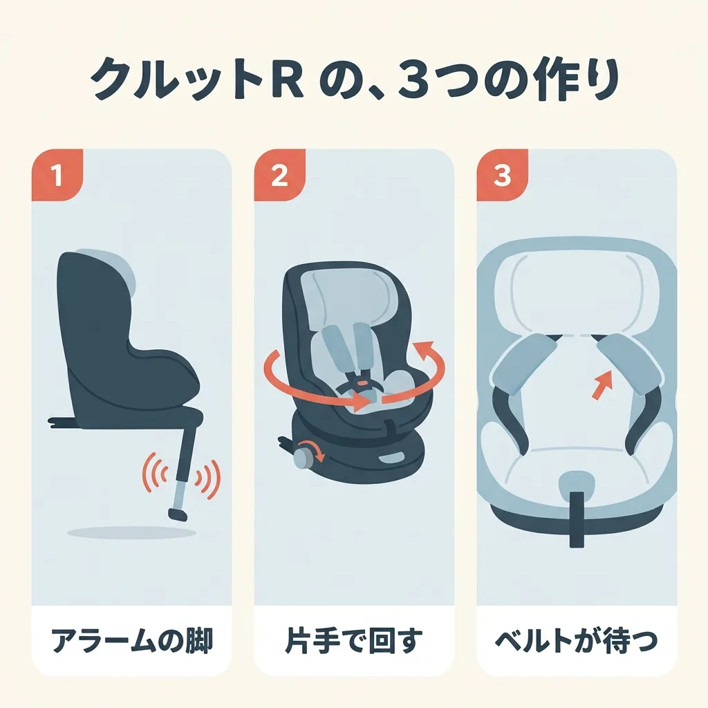 クルットR の、乗せおろしと取りつけの作り。サポートレッグが床に付いていないと、アラームで知らせる。手が届きやすいノブで、片手で回せる。肩ベルトが跳ね上がった形で待っていて、乗せやすい