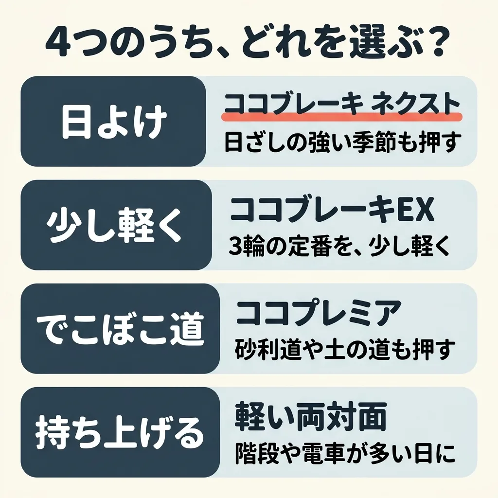 4つのうち、どれを選ぶか。日ざしの強い季節にも押すなら、ココブレーキ ネクスト。3輪を少しでも軽くなら、ココブレーキEX フロムバース。砂利道や土の道も押すなら、ココプレミア フロムバース。階段や電車で持ち上げる日が多いなら、軽い両対面のカルーンエアー メッシュ AD