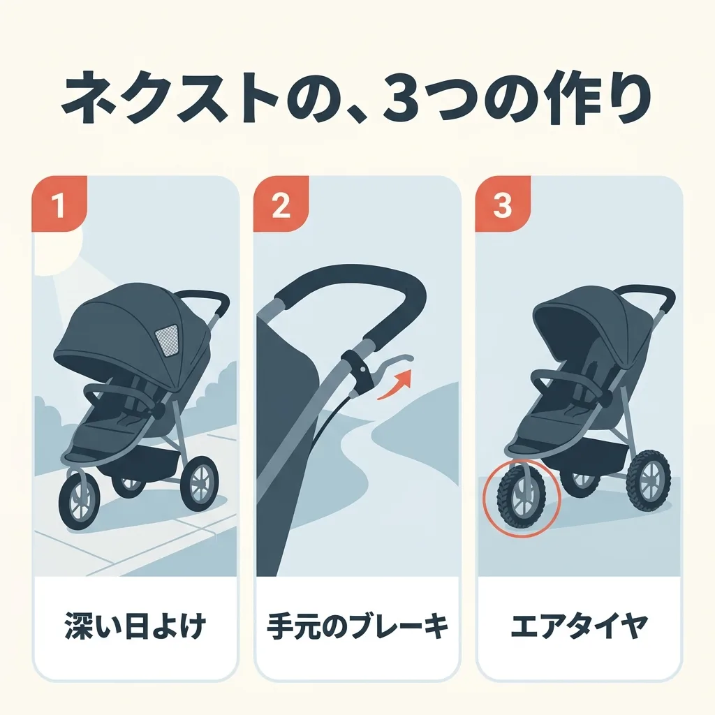 ココブレーキ ネクストの3つの作り。足もとまで覆う深い日よけ。坂道で速さを落とせる、手元のハンドブレーキ。空気を入れたタイヤの3輪