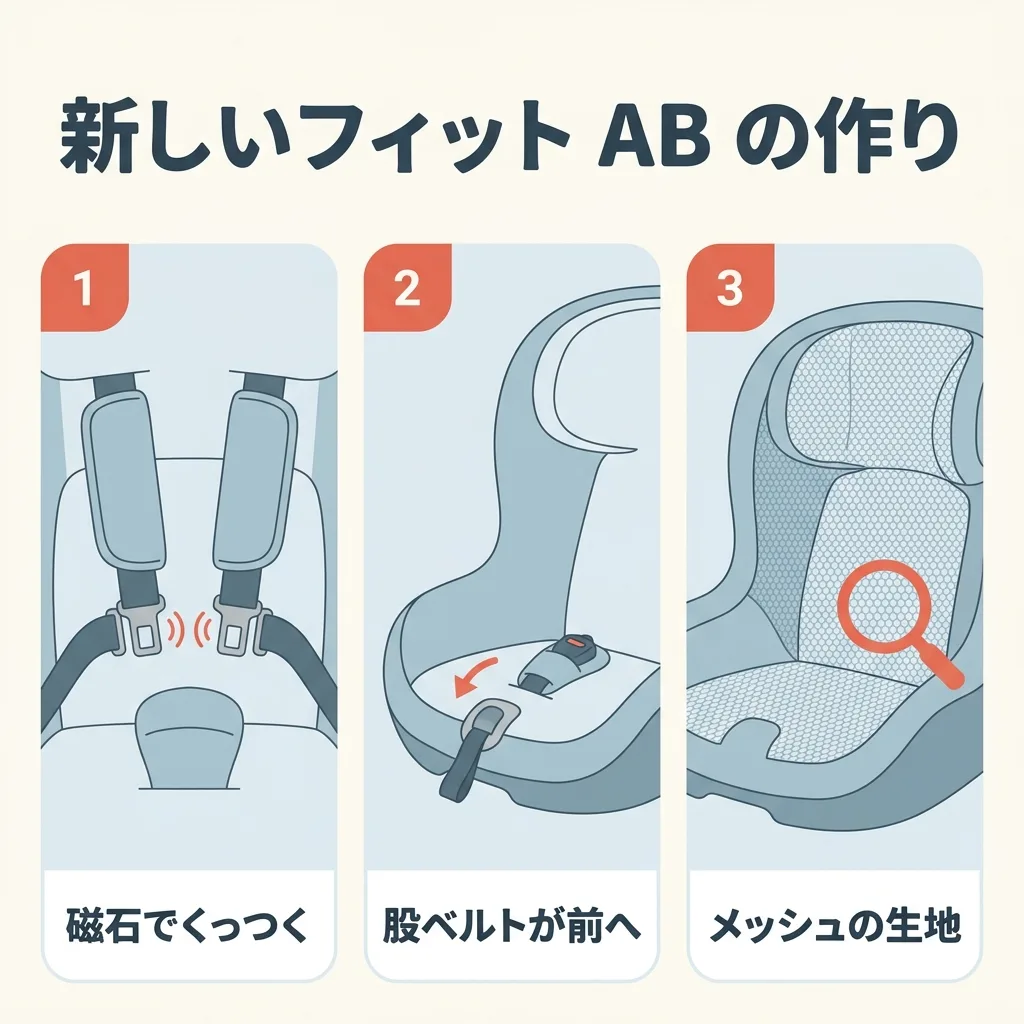 新しいクルリラ フィット AB の作り。肩ベルトの金具どうしが、磁石でくっつく。股のベルトが前に倒れて、乗せるときにじゃまになりにくい。AB には、メッシュの生地が付く
