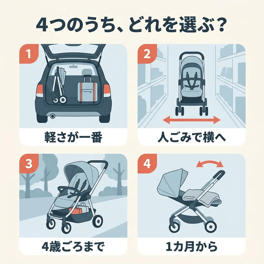4つのうち、どれを選ぶか。軽さが一番なら、3.3kg のマジカルエアー AI。人ごみで横へ動かしたいなら、4輪フリーのマジカルエアー フリー AB。4歳ごろまで乗せたいなら、48カ月まで使えるヴィット AB。生後1カ月から使いたいなら、A形のカルーンエアー メッシュ AD