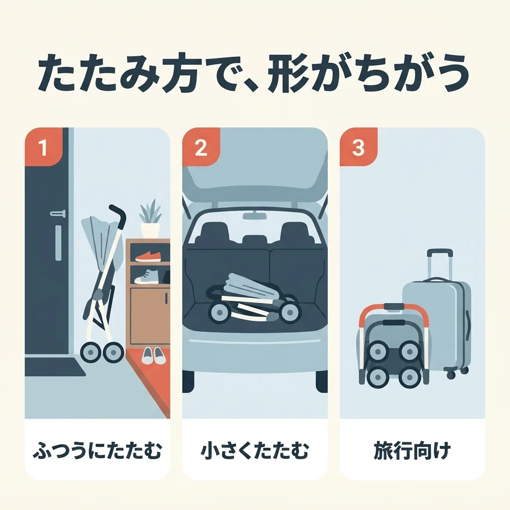 B形ベビーカーの、たたみ方のちがい。ふつうにたたむ型は、背の高い細長い形。小さくたたむ型は、低いかたまりになって、車のトランクにも入れやすい。旅行向けの型は、手荷物くらいの大きさになる