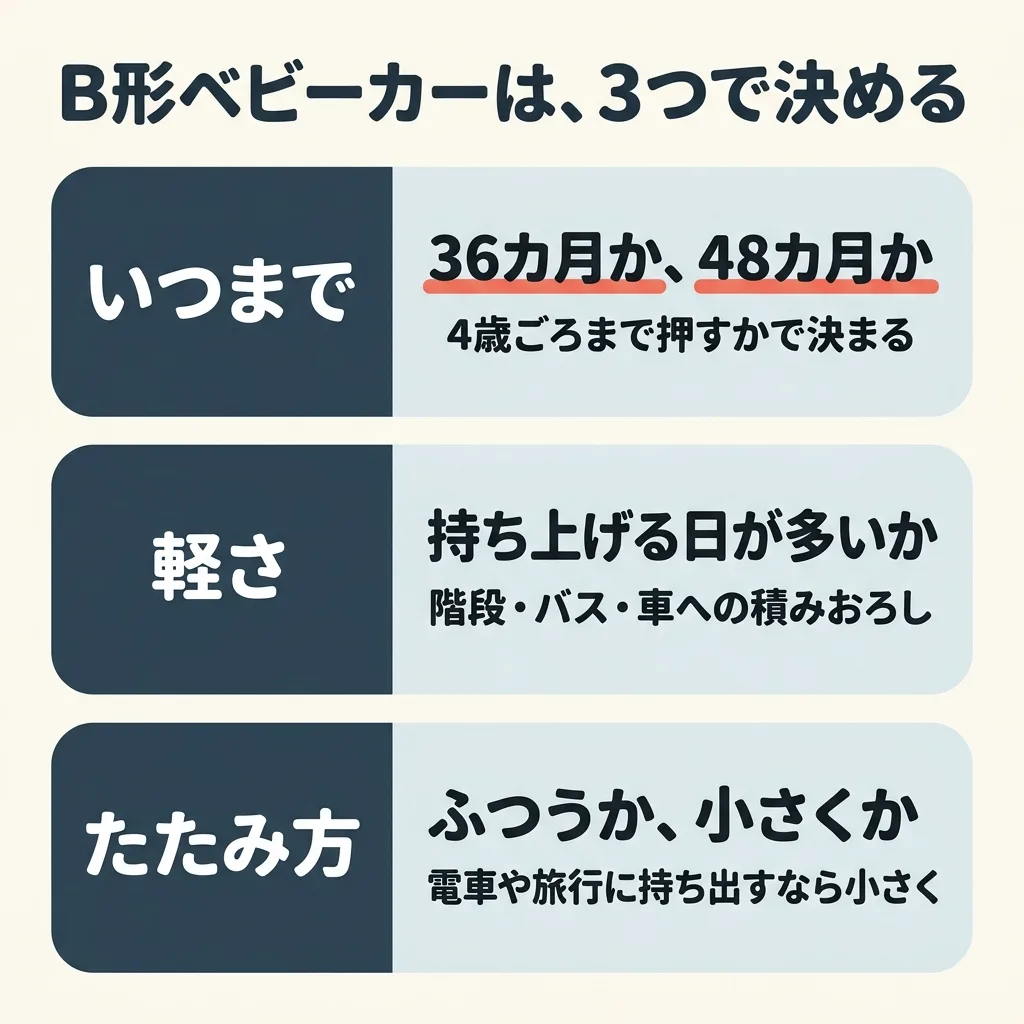 B形ベビーカーは、この3つで決める。1つめは、いつまで使うか（36カ月か、48カ月か）。2つめは軽さで、持ち上げる日が多いか。3つめはたたみ方で、ふつうにたたむか、小さくたたむか