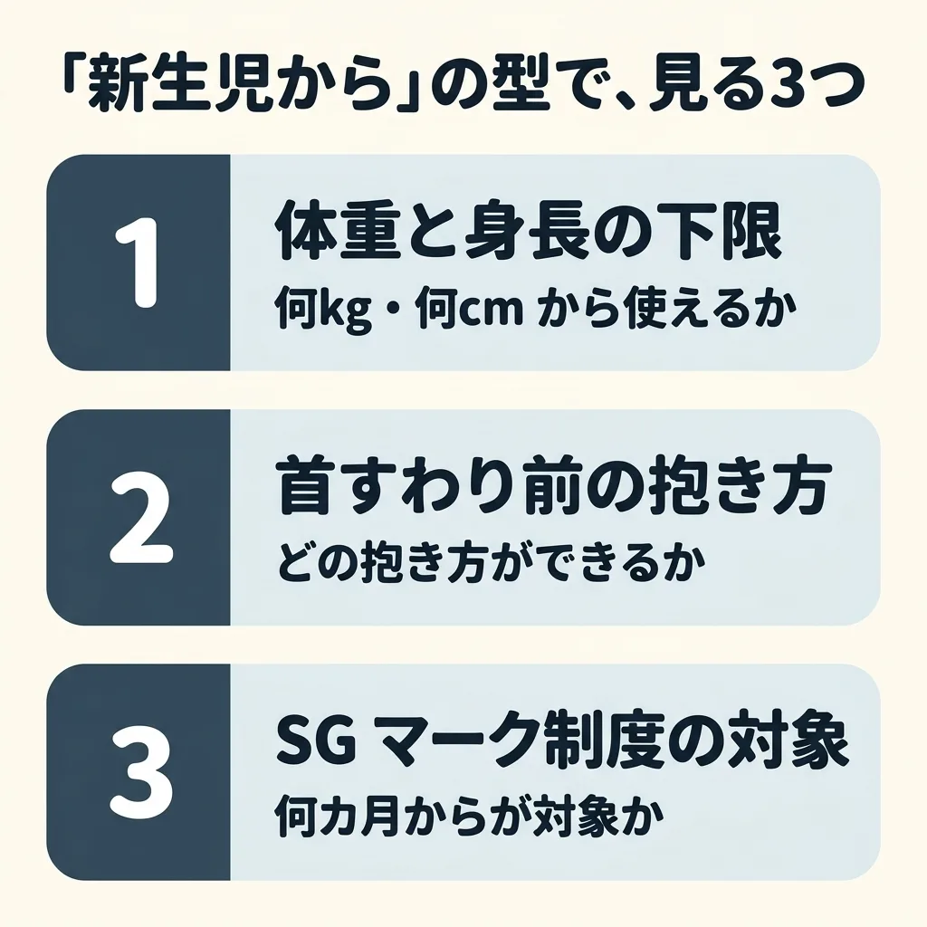 「新生児から」の型で、見る所は3つ。1つ目、体重と身長の下限＝何kg・何cm から使えるか。2つ目、首すわり前の抱き方＝どの抱き方ができるか。3つ目、SG マーク制度の対象＝何カ月からが対象か