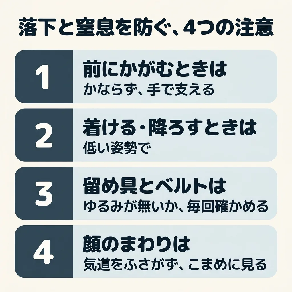 落下と窒息を防ぐ、4つの注意。1つ目、前にかがむときは、かならず手で支える。2つ目、着けるとき・降ろすときは、低い姿勢で。3つ目、留め具とベルトは、ゆるみが無いか、毎回確かめる。4つ目、気道をふさがず、苦しそうでないか、こまめに見る