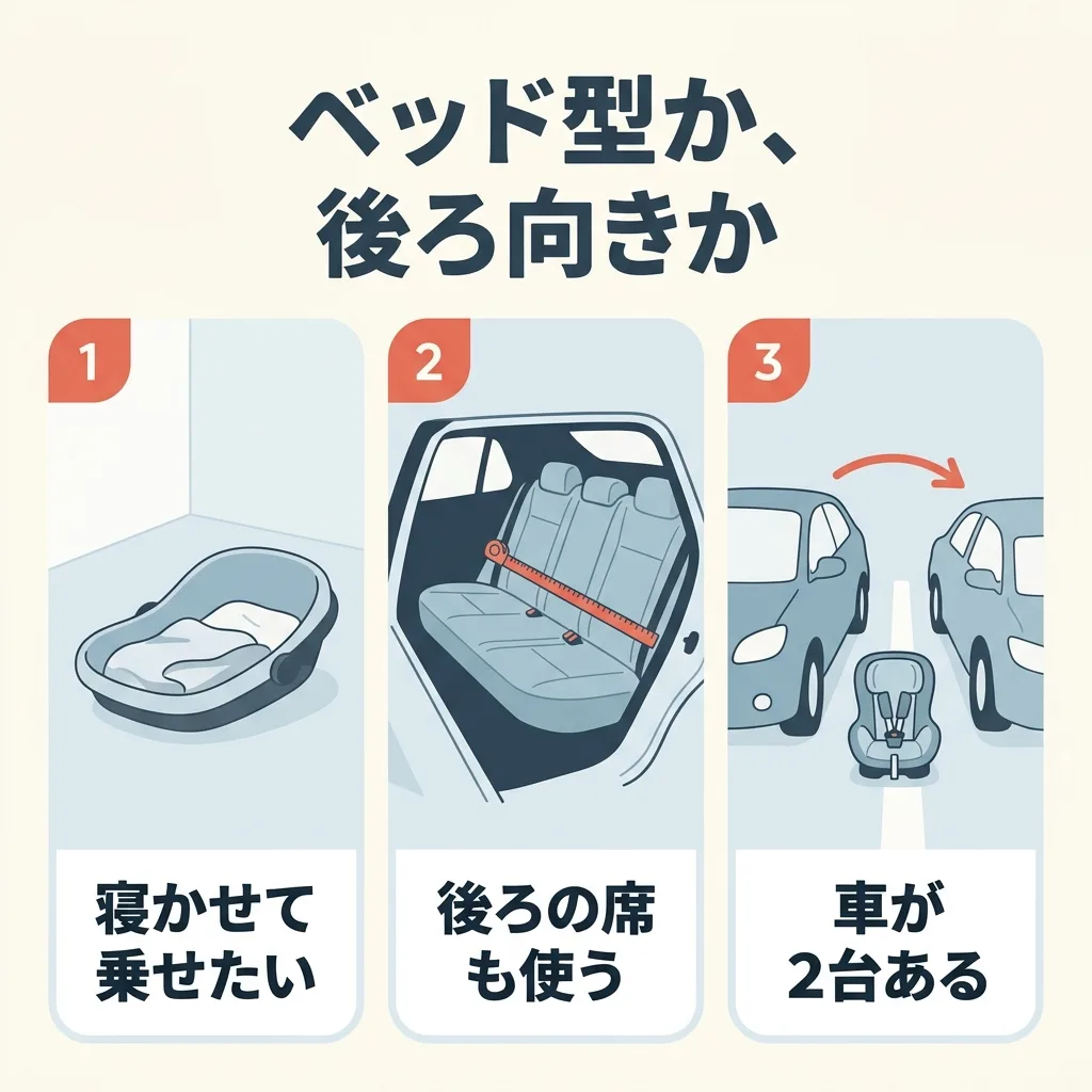 ベッド型か、後ろ向きか。寝かせて乗せたいなら、ベッド型。後ろの席に大人も座るなら、座席の幅を測ってから。車が2台あるなら、シートを付けかえられる後ろ向きの型