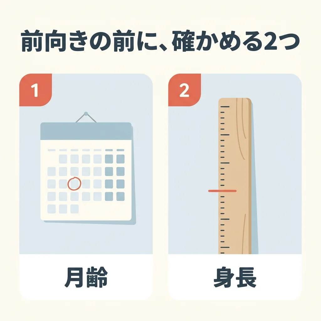 前向きにする前に、確かめる2つ。月齢が15カ月を過ぎたか。身長が76cmを超えたか。どちらか片方だけでは、前向きにしない