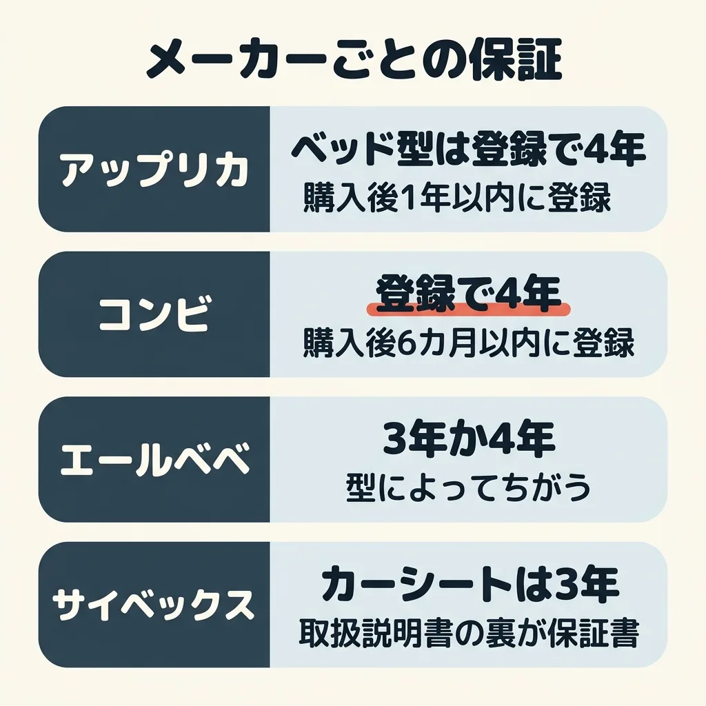 メーカーごとの保証。アップリカは、ベッド型が登録で4年(購入後1年以内に登録)。コンビは、登録で4年(購入後6カ月以内に登録)。エールベベは、型によって3年か4年。サイベックスは、カーシートが3年