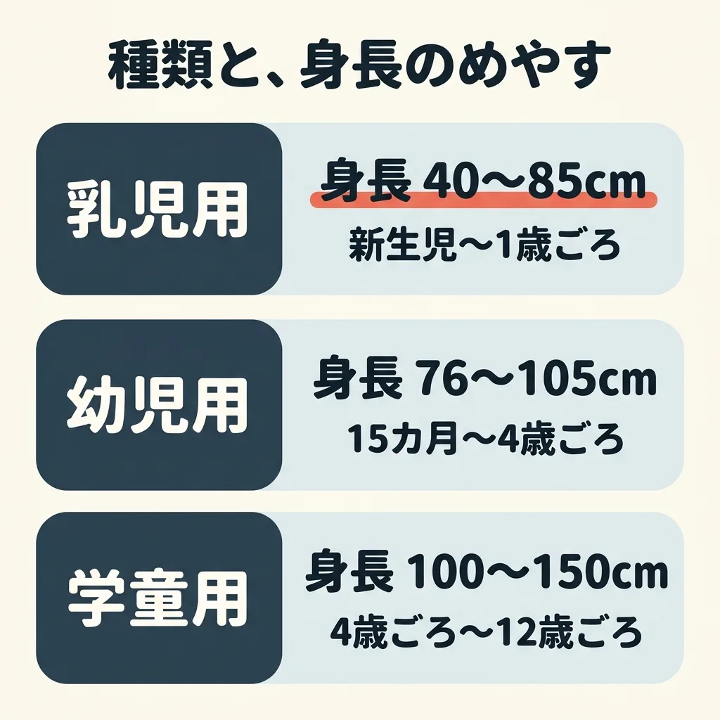 チャイルドシートの種類と、身長のめやす。乳児用は身長 40〜85cm で、新生児〜1歳ごろ。幼児用は身長 76〜105cm で、15カ月〜4歳ごろ。学童用は身長 100〜150cm で、4歳ごろ〜12歳ごろ