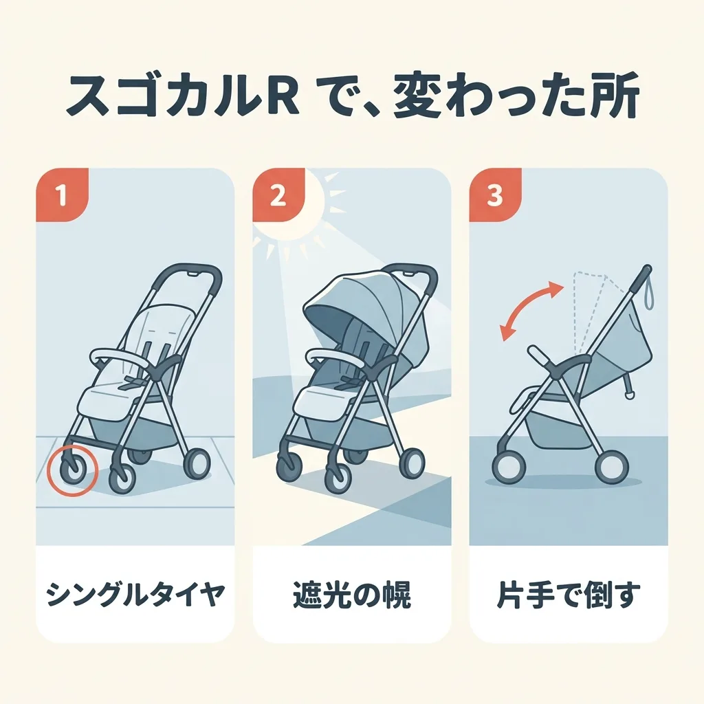 スゴカルR で、スゴカルL compact から変わった所。前と後ろに大きなシングルタイヤ。強い日ざしをさえぎる、遮光の幌。引いた分だけ倒せる、片手のリクライニング