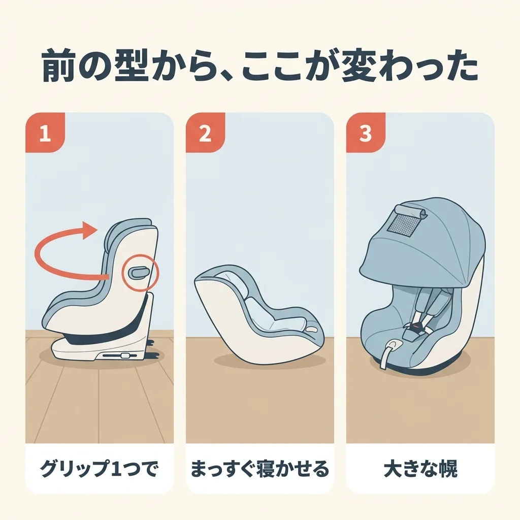 前の型の premium VA から、変わった所。横のグリップだけで回して外せる。赤ちゃんのころは、フラットクッションでまっすぐ寝かせる。日よけの幌が大きくなった