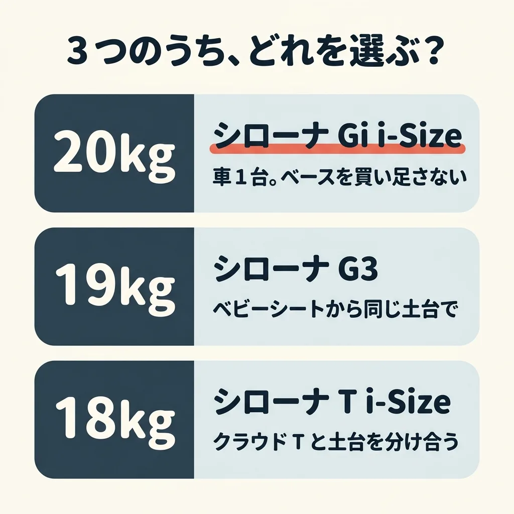 3つのうち、どれを選ぶか。体重 20kg までのシローナ Gi i-Size は、車1台で、ベースを買い足さない人に。19kg までのシローナ G3 は、ベビーシートから同じ土台で乗りかえたい人に。18kg までのシローナ T i-Size は、クラウド T と土台を分け合いたい人に