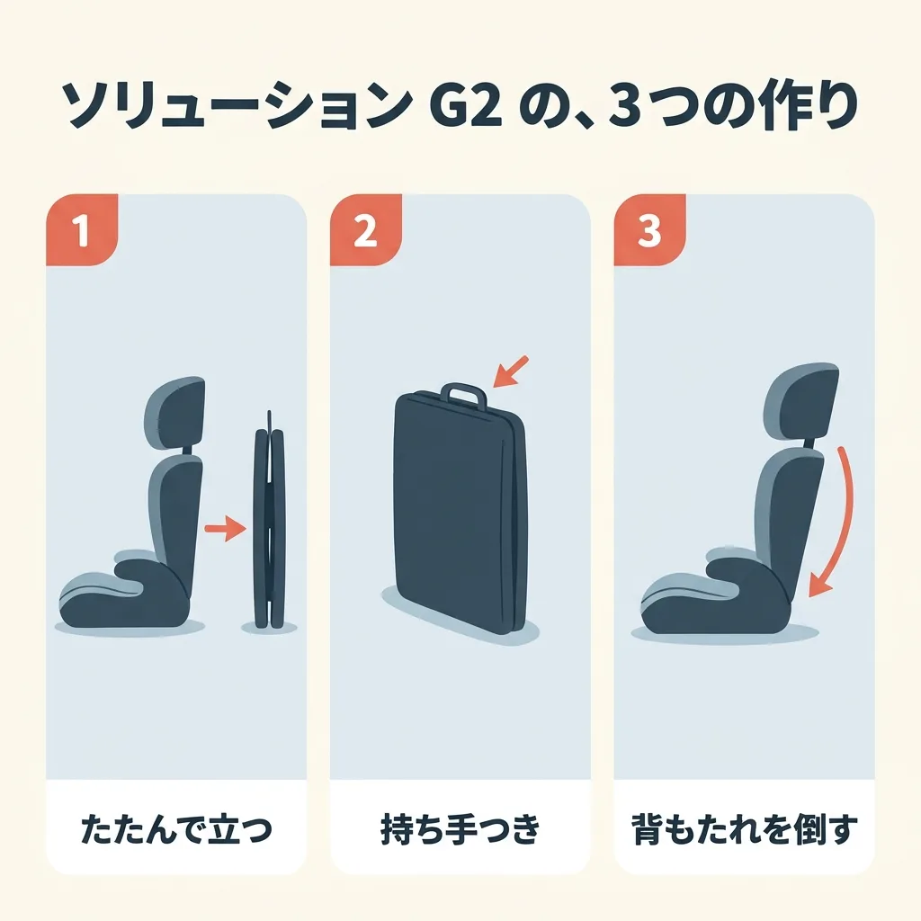 ソリューション G2 の、持ち運びと使い心地の作り。たたむと薄くなり、そのまま立つ。たたんだあとは、持ち手で運べる。背もたれは、片手でリクライニングできる