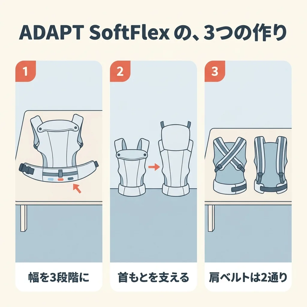 ADAPT SoftFlex の3つの作り。シートの幅は、ウエストベルトの色分けの目じるしで3段階に変える。首がすわるまでは、首もとのパッドで頭を支える。肩ベルトは、背中で交差させる付け方と、交差させない付け方の2通り