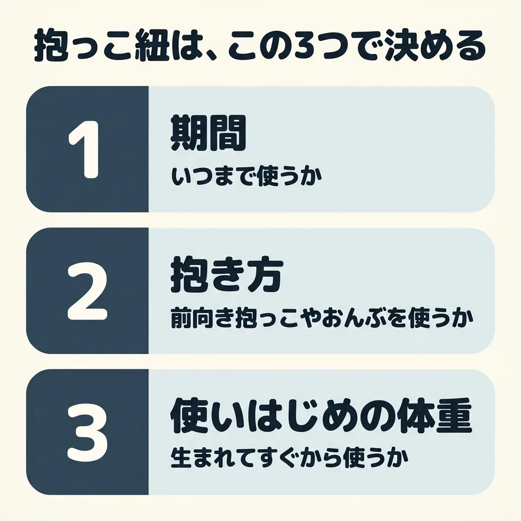 抱っこ紐は、この3つで決める。1つめは期間で、いつまで使うか。2つめは抱き方で、前向き抱っこやおんぶを使うか。3つめは使いはじめの体重で、生まれてすぐから使うか