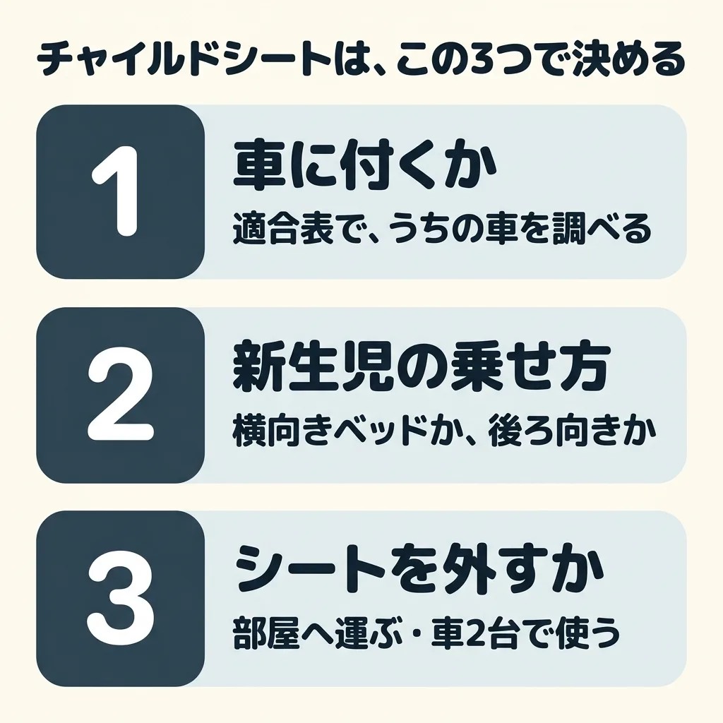 チャイルドシートは、この3つで決める。1つめは車に付くかで、適合表で、うちの車を調べる。2つめは新生児の乗せ方で、横向きベッドか、後ろ向きか。3つめはシートを外すかで、部屋へ運ぶか、車2台で使うか