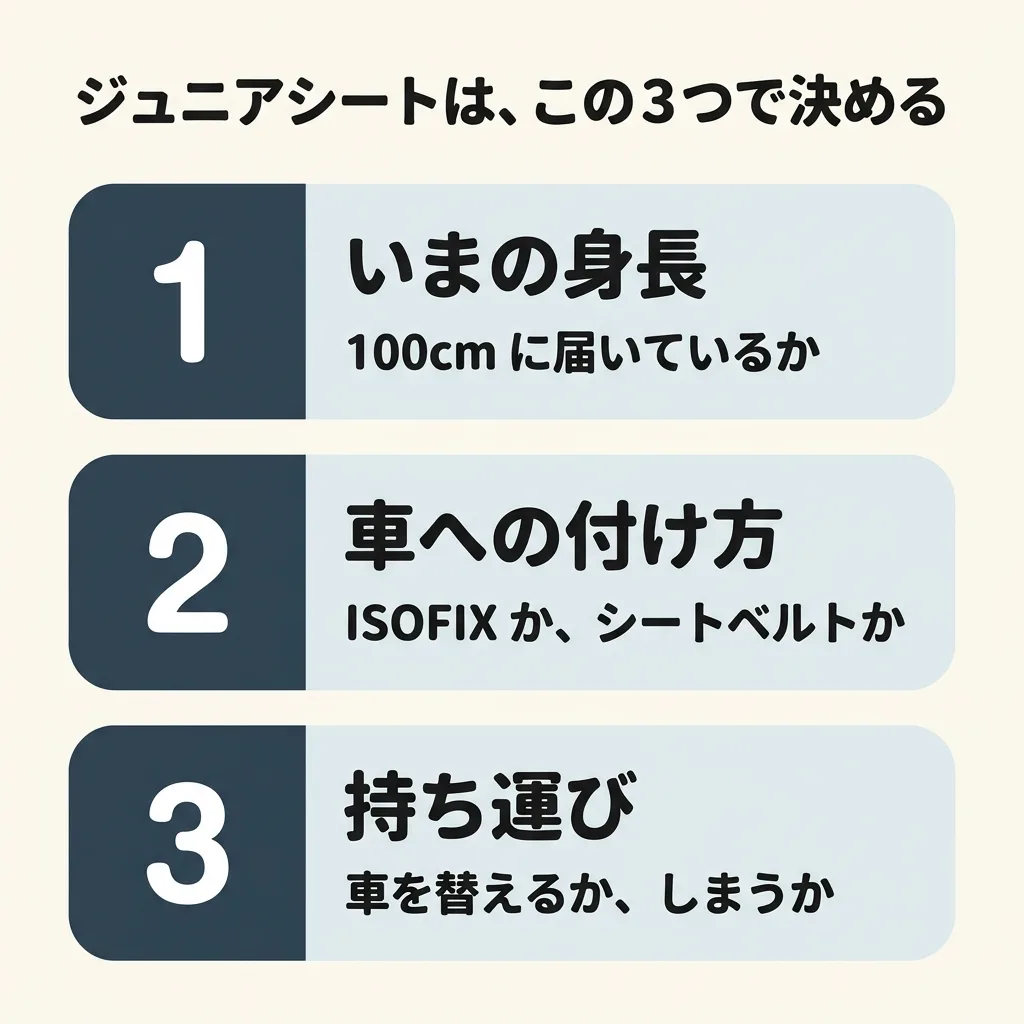 ジュニアシートは、この3つで決める。1つめはいまの身長で、100cm に届いているか。2つめは車への付け方で、ISOFIX か、シートベルトか。3つめは持ち運びで、車を替えるか、しまうか