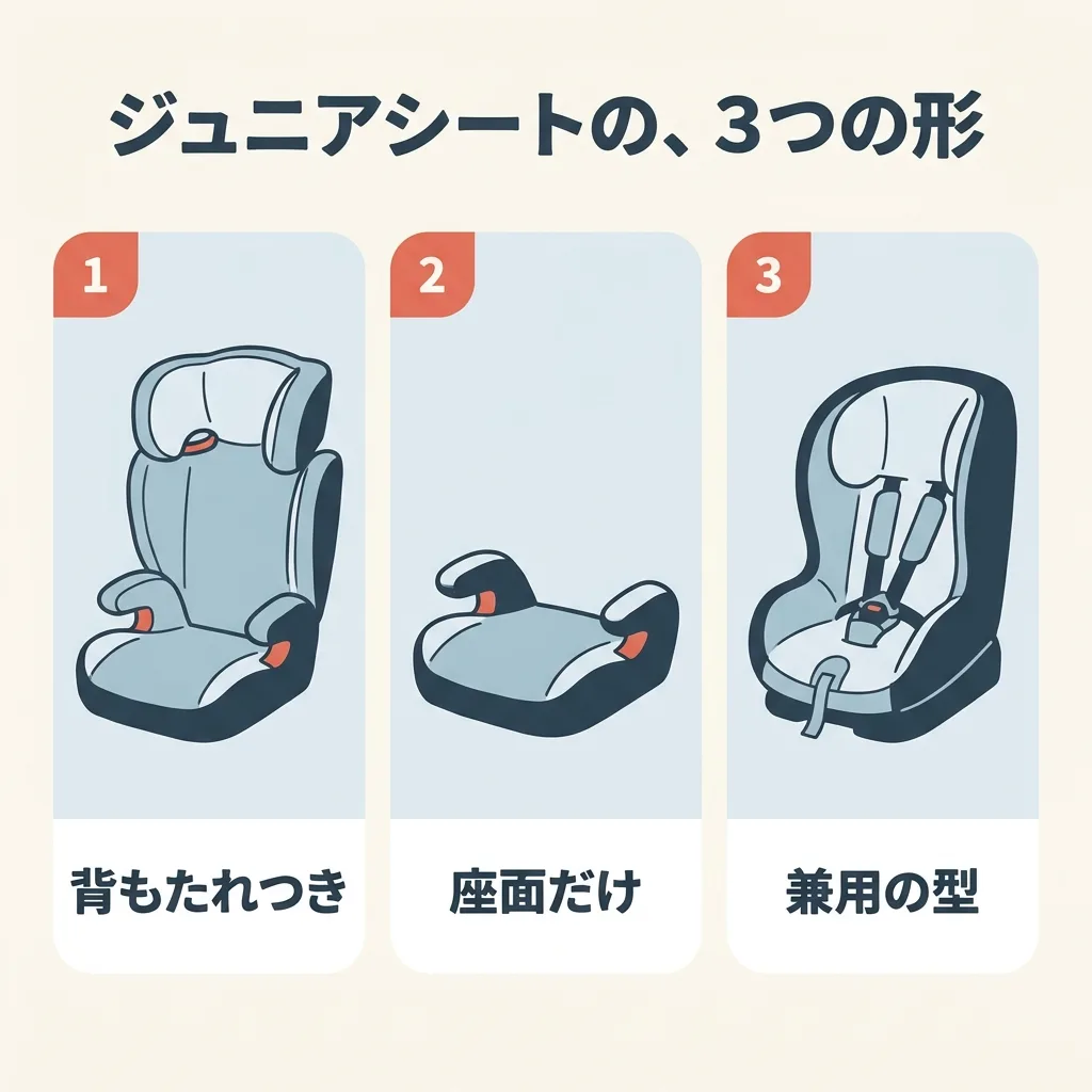 ジュニアシートの3つの形。背もたれつきは、頭と体の横まで支える形。座面だけは、背もたれを外したクッションの形。兼用の型は、はじめはチャイルドシートとして、シートの中で子どもを留める形