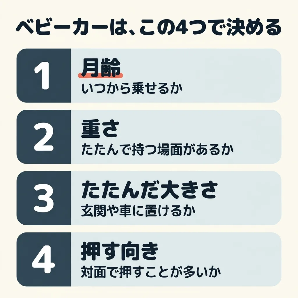 ベビーカーは、この4つで決める。1つめは月齢で、いつから乗せるか。2つめは重さで、たたんで持つ場面があるか。3つめはたたんだ大きさで、玄関や車に置けるか。4つめは押す向きで、対面で押すことが多いか