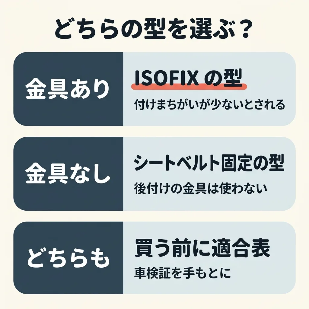 どちらの型を選ぶか。ISOFIX の金具がある車は、ISOFIX の型で、付けまちがいが少ないとされる。金具が無い車は、シートベルト固定の型で、後付けの金具は使わない。どちらでも、買う前に適合表を見る
