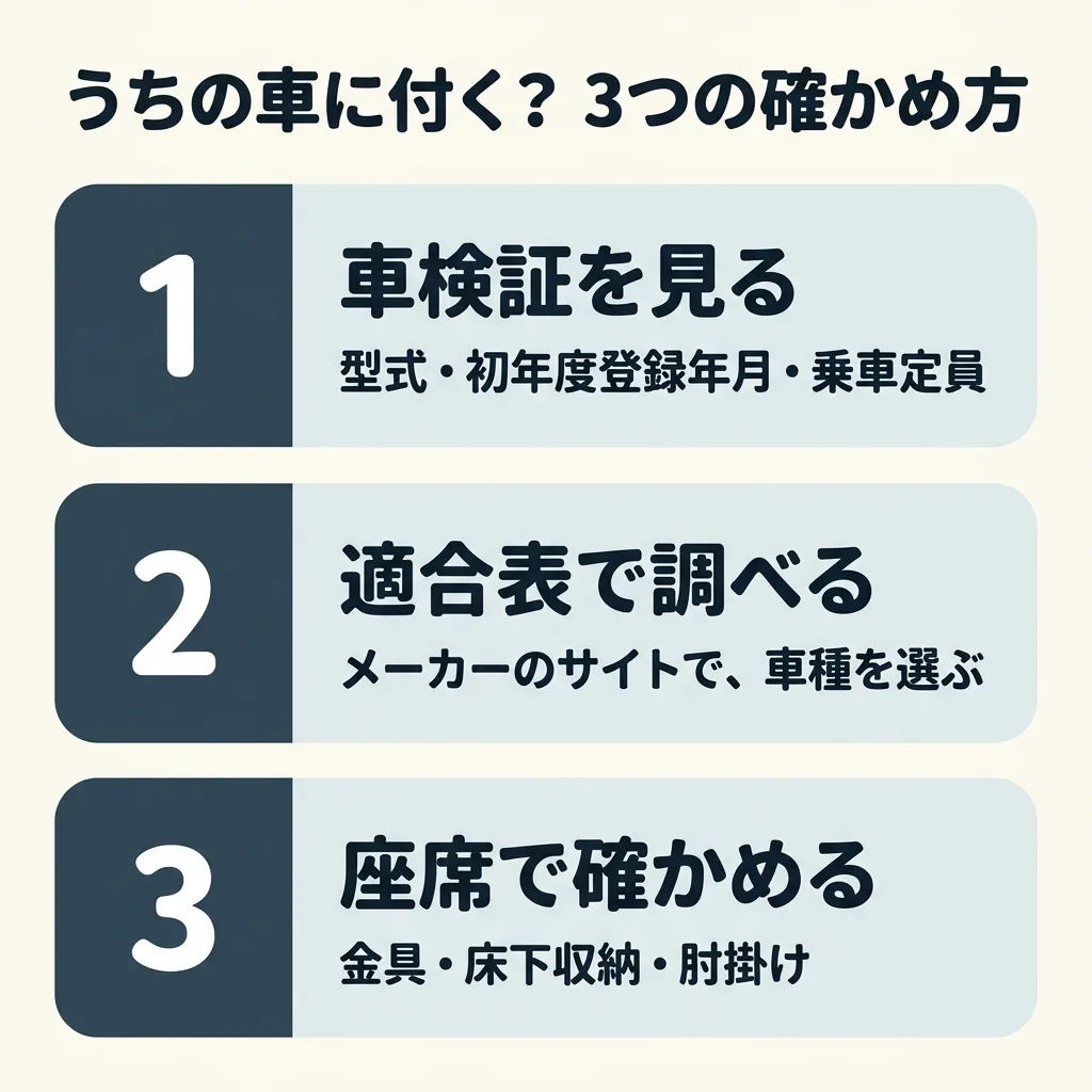 うちの車に付くかを確かめる3つの手順。1つ目は、車検証で型式・初年度登録年月・乗車定員を見る。2つ目は、メーカーのサイトの適合表で、車種を選んで調べる。3つ目は、実際の座席で、金具・床下収納・肘掛けを見る