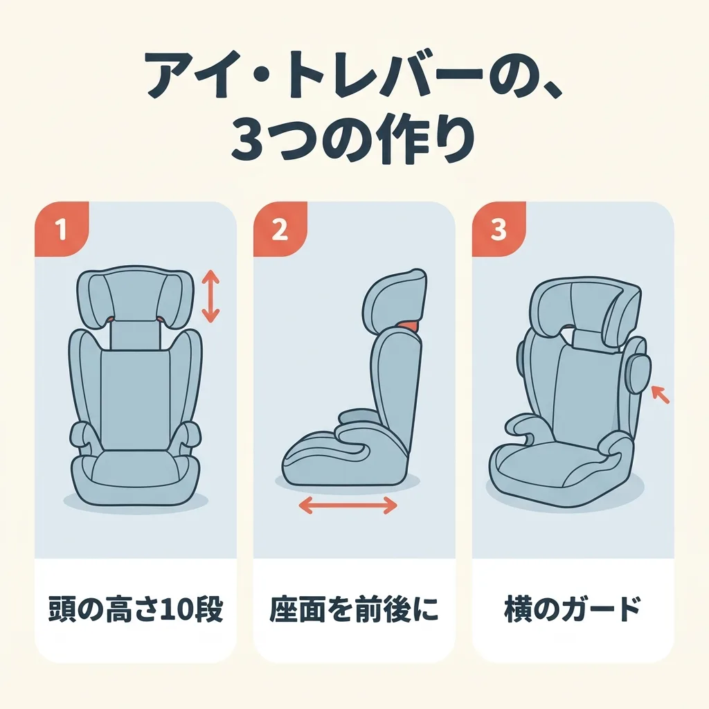 アイ・トレバーの3つの作り。ヘッドレストの高さは10段階で合わせられる。座面は前後に3段階で動かせる。横からの衝撃に備えるガード（サイドインパクトシールド）が付いている