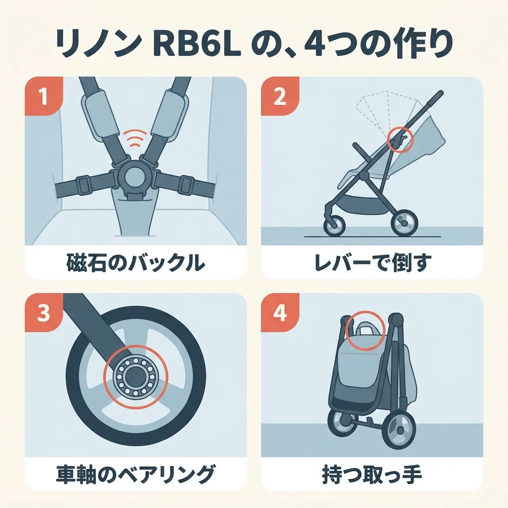 ランフィ リノン RB6L の4つの作り。磁石の入ったバックルのベルト。レバーで倒す背もたれ。車軸にも入ったボールベアリング。たたんだときに持つ取っ手（スマートグリップ）