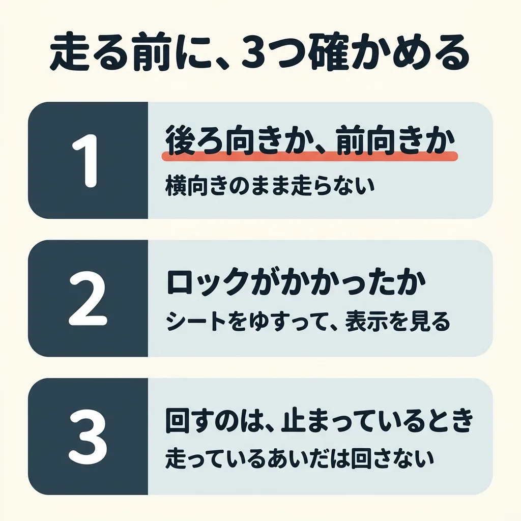 走る前に、3つ確かめる。1つ目は、後ろ向きか前向きになっているか。横向きのまま走らない。2つ目は、ロックがかかったか。シートをゆすって、表示を見る。3つ目は、回すのは止まっているときだけ。走っているあいだは回さない