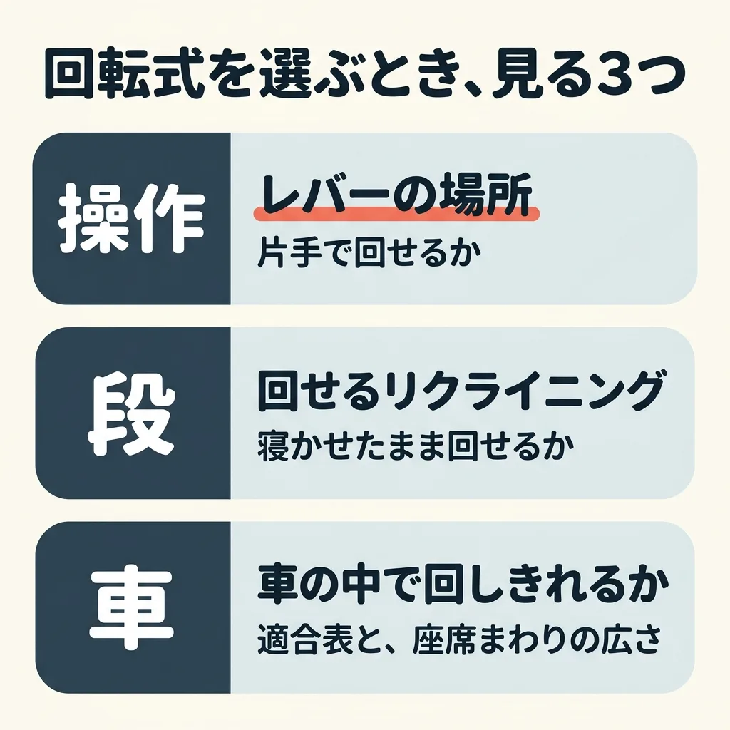 回転式を選ぶときに見る3つ。1つ目は、回す操作とレバーの場所で、片手で回せるか。2つ目は、回せるリクライニングの段で、寝かせたまま回せるか。3つ目は、車の中で回しきれるかで、適合表と、座席まわりの広さを見る