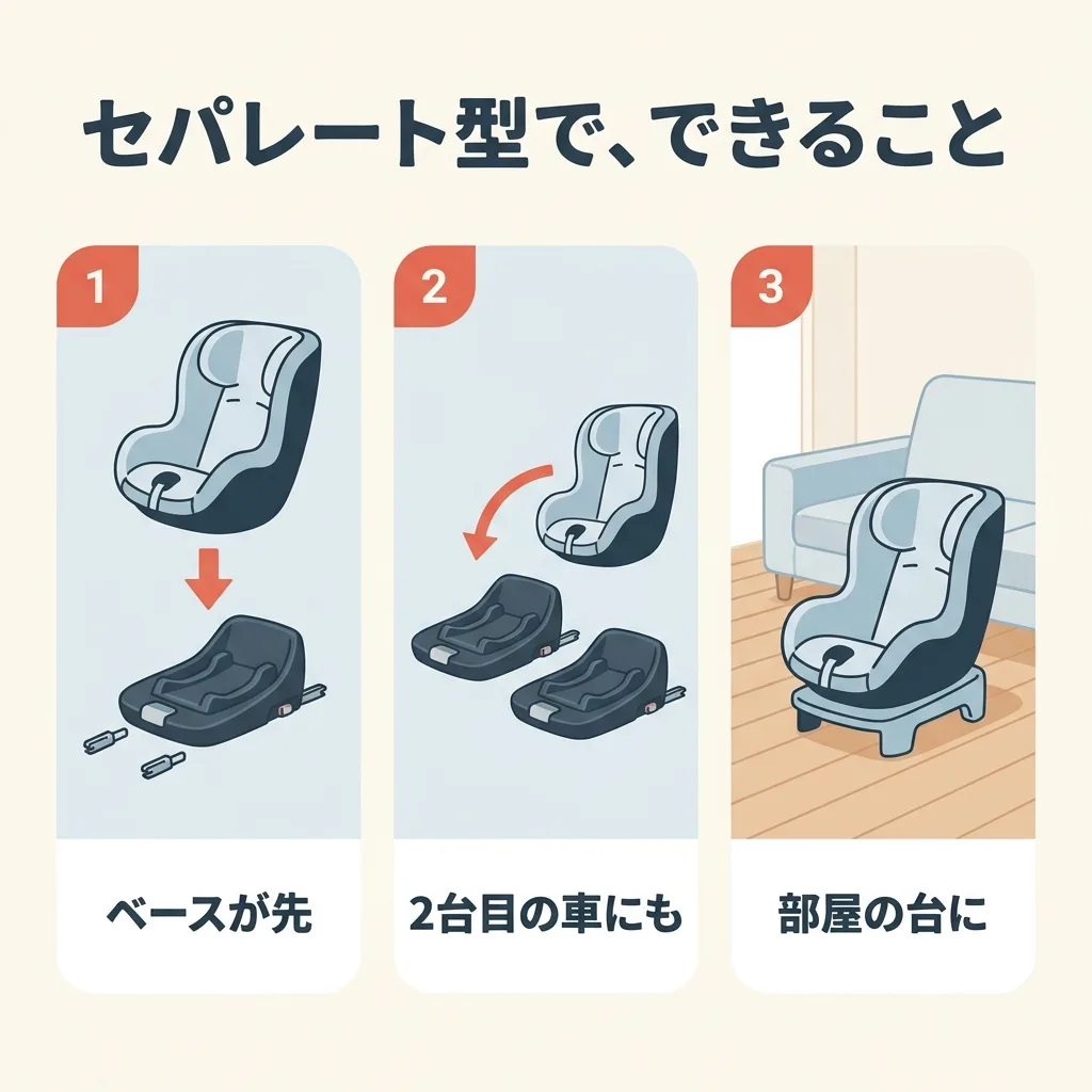 セパレート型でできること。ベースを先に付けて、シートはあとからのせる。ベースをもう1つ足せば、2台目の車にもシートだけ付けかえられる。型によっては、シートを部屋の台にのせて使える