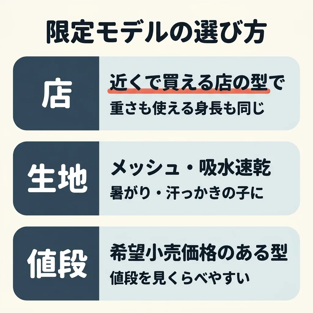 限定モデルの選び方。重さや使える身長は同じなので、まずは近くで買える店の型で。暑がりの子なら、メッシュや吸水速乾の生地の型。値段を決めて買いたいなら、メーカー希望小売価格のある型