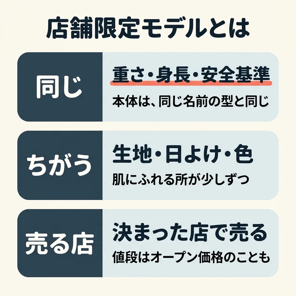 店舗限定モデルとは。重さ・使える身長・安全基準は、同じ名前の型と同じ。ちがうのは、クッションの生地や日よけなど。売る店をしぼっていて、値段はオープン価格のこともある