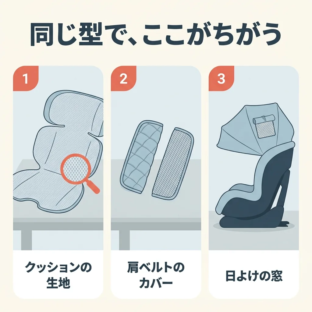 同じ型の限定モデルで、ちがう所。座面と頭まわりのクッションの生地、肩ベルトのカバーの素材、日よけのメッシュの窓の数