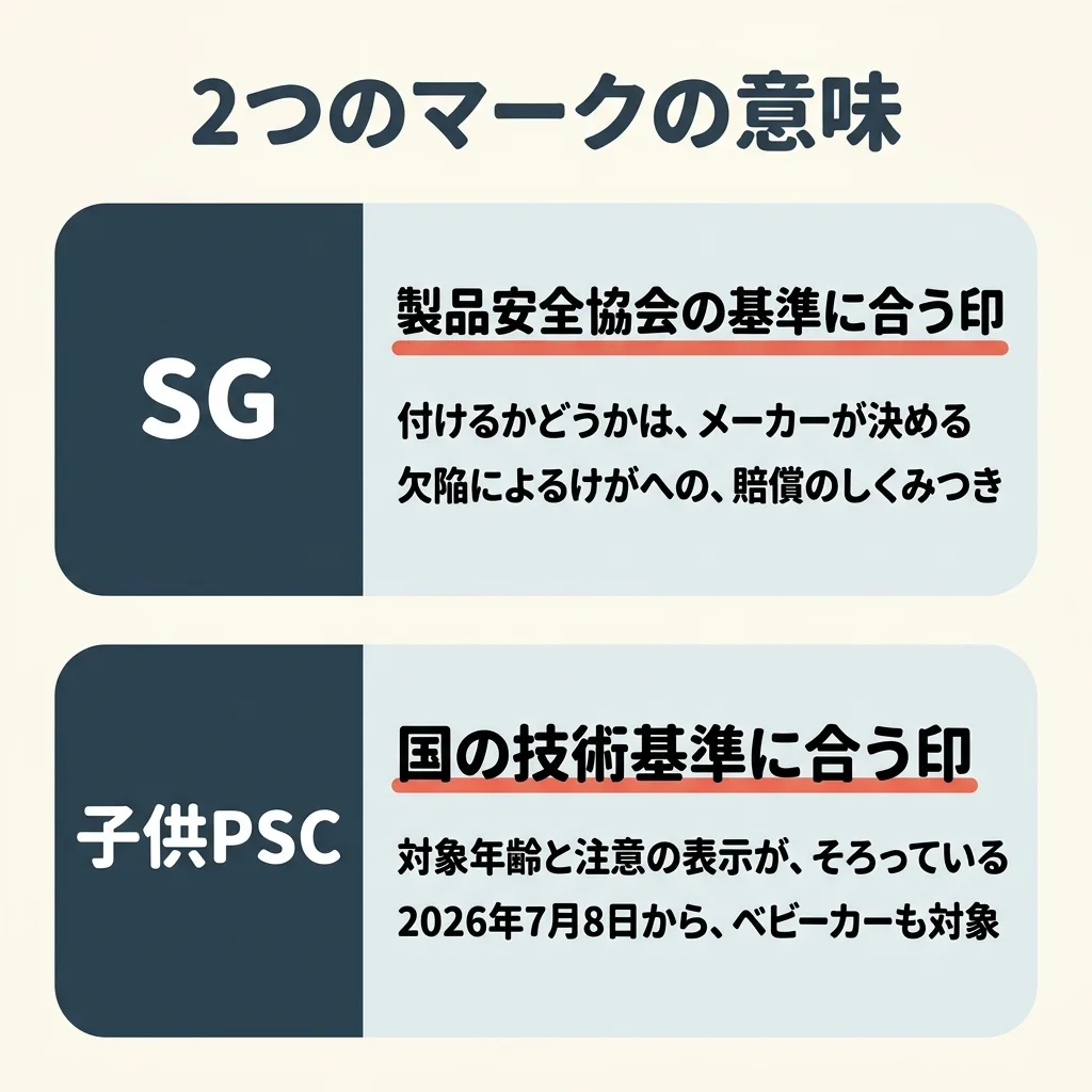 2つのマークの意味。SG は、製品安全協会の基準に合う印。付けるかどうかは、メーカーが決める。欠陥によるけがへの、賠償のしくみつき。子供PSC は、国の技術基準に合う印。対象年齢と注意の表示が、そろっている。2026年7月8日から、ベビーカーも対象