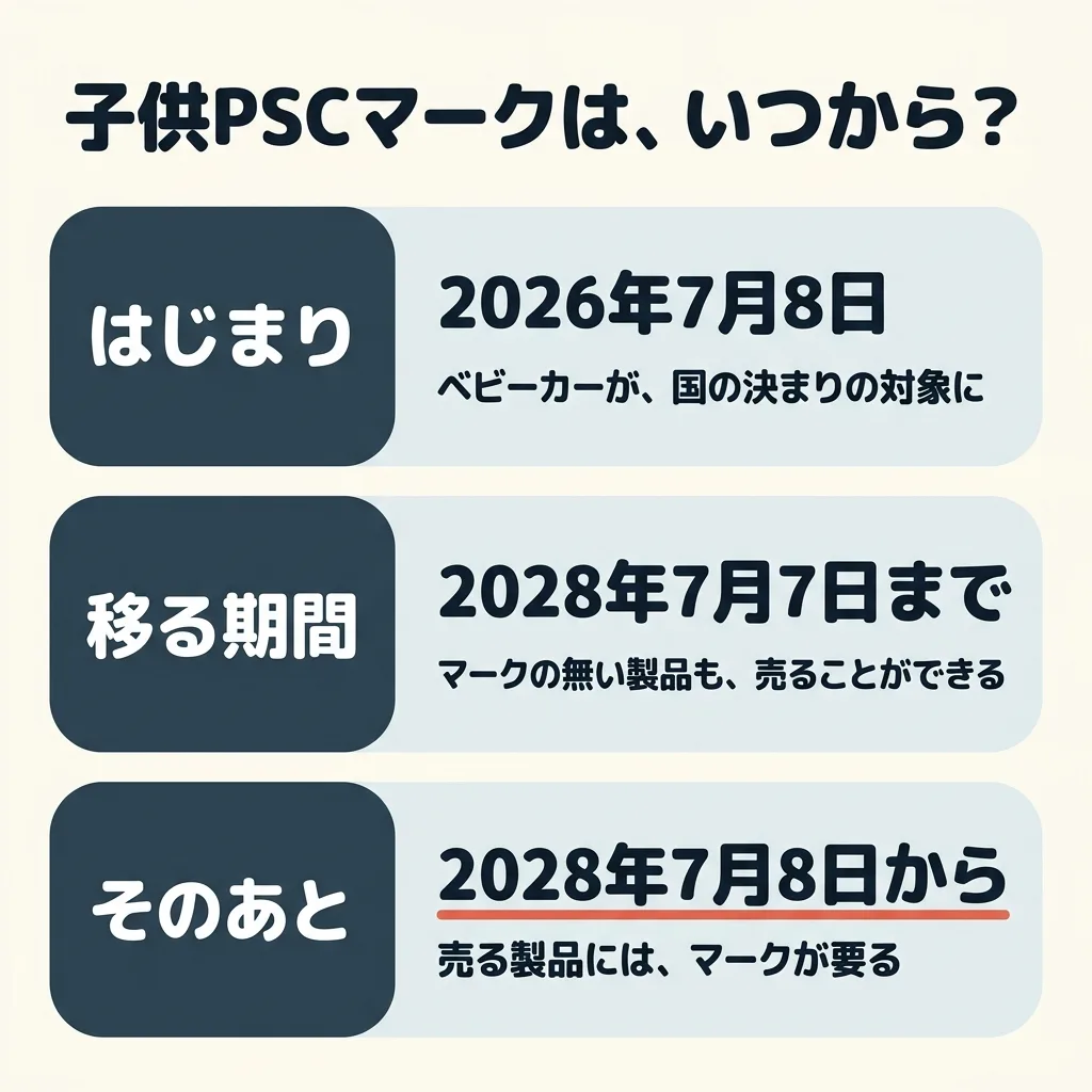 子供PSCマークは、いつから。はじまりは 2026年7月8日で、ベビーカーが、国の決まりの対象に。移る期間は 2028年7月7日までで、マークの無い製品も、売ることができる。そのあとの 2028年7月8日からは、売る製品には、マークが要る