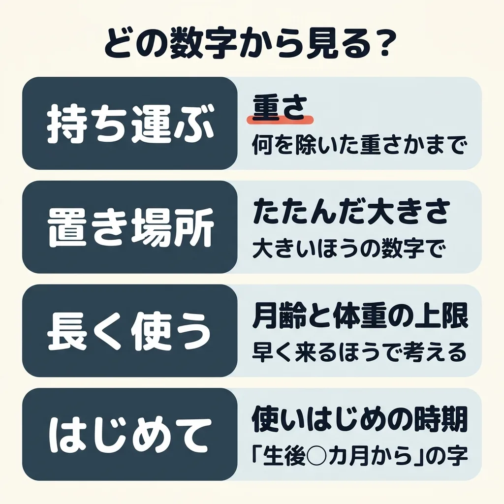 どの数字から見ればいいか。たたんで持つ日が多いなら、重さを何を除いた重さかまで見る。置き場所がせまいなら、たたんだ大きさの大きいほうの数字で測る。長く使いたいなら、月齢と体重の上限の早いほう。はじめての1台なら、生後何カ月からの字