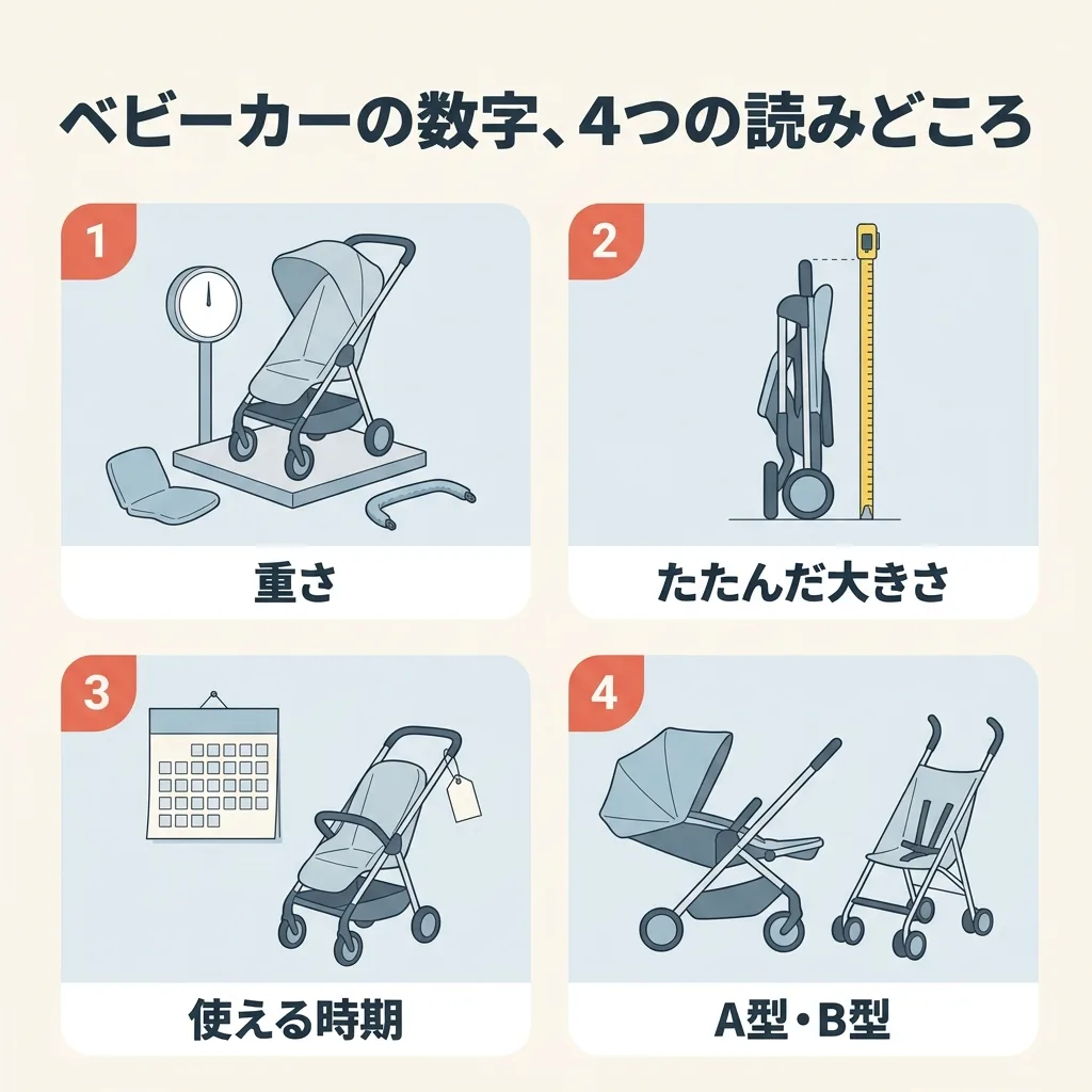 ベビーカーの数字を読む、4つのコツ。重さは、何を除いた重さか。たたんだ大きさは、単位と幅のある書き方。使える時期は、月齢と体重。A型・B型は、基準の言い方と売り場の分け方