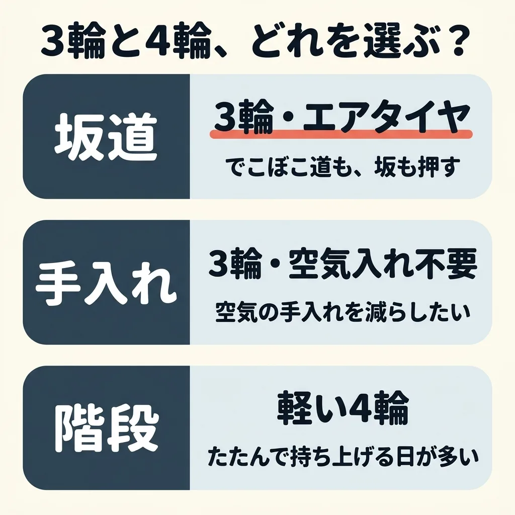 3輪と4輪、どれを選ぶか。坂やでこぼこ道を押すなら3輪のエアタイヤ。手入れを減らしたいなら3輪の空気入れ不要のタイヤ。階段や電車が多いなら軽い4輪