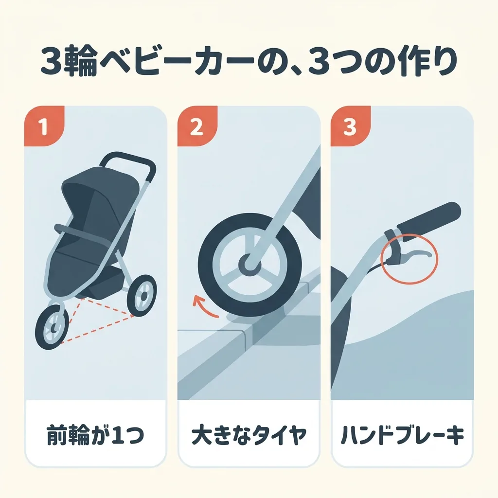 3輪ベビーカーの3つの作り。前輪が1つの三角形。段差を越えやすい大きなタイヤ。手元で速さを落とせるハンドブレーキ