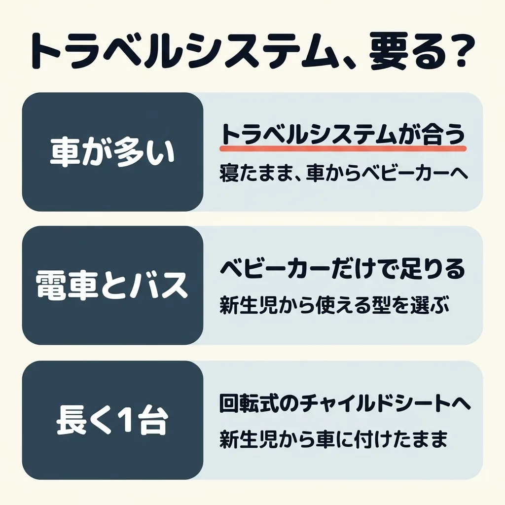 トラベルシステムは要るか。車で出かけることが多い家は、トラベルシステムが合う。電車とバスが中心なら、ベビーカーだけで足りる。はじめから長く使うなら、新生児から使える回転式のチャイルドシートへ