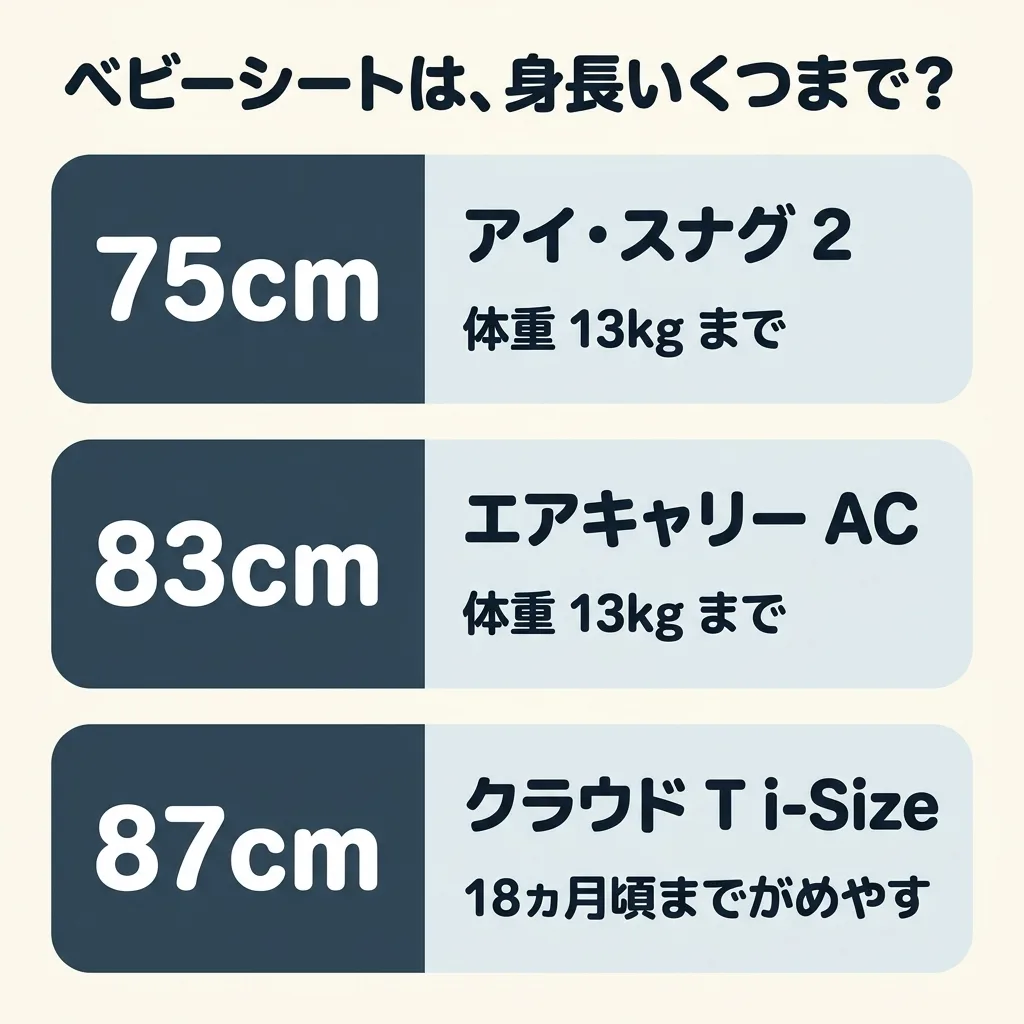 ベビーシートは、身長いくつまで使えるか。アイ・スナグ 2 は 75cm まで、体重 13kg まで。エアキャリー AC は 83cm まで、体重 13kg まで。クラウド T i-Size は 87cm まで、18ヵ月頃までがめやす