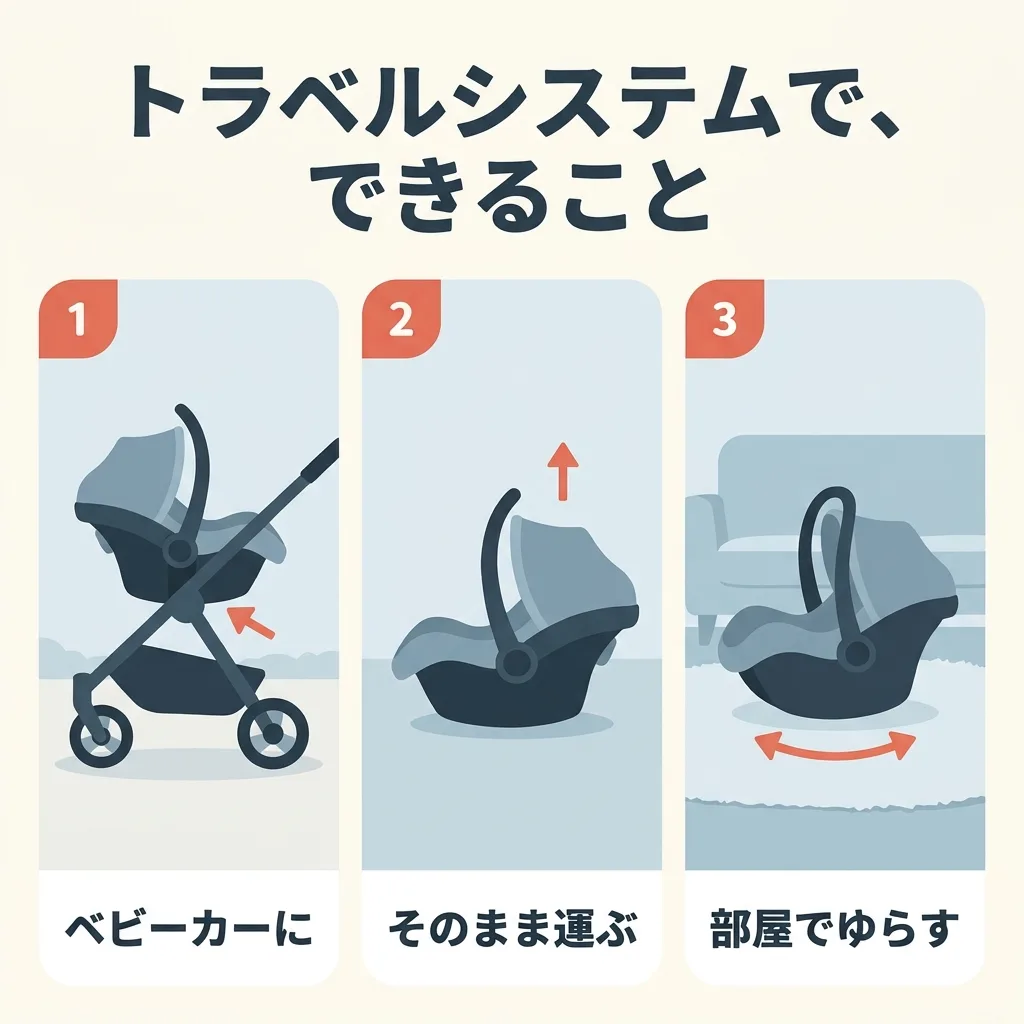トラベルシステムでできること。ベビーシートを、対応するベビーカーにのせられる。持ち手を立てて、そのまま運べる。型によっては、部屋でゆらすチェアにもなる
